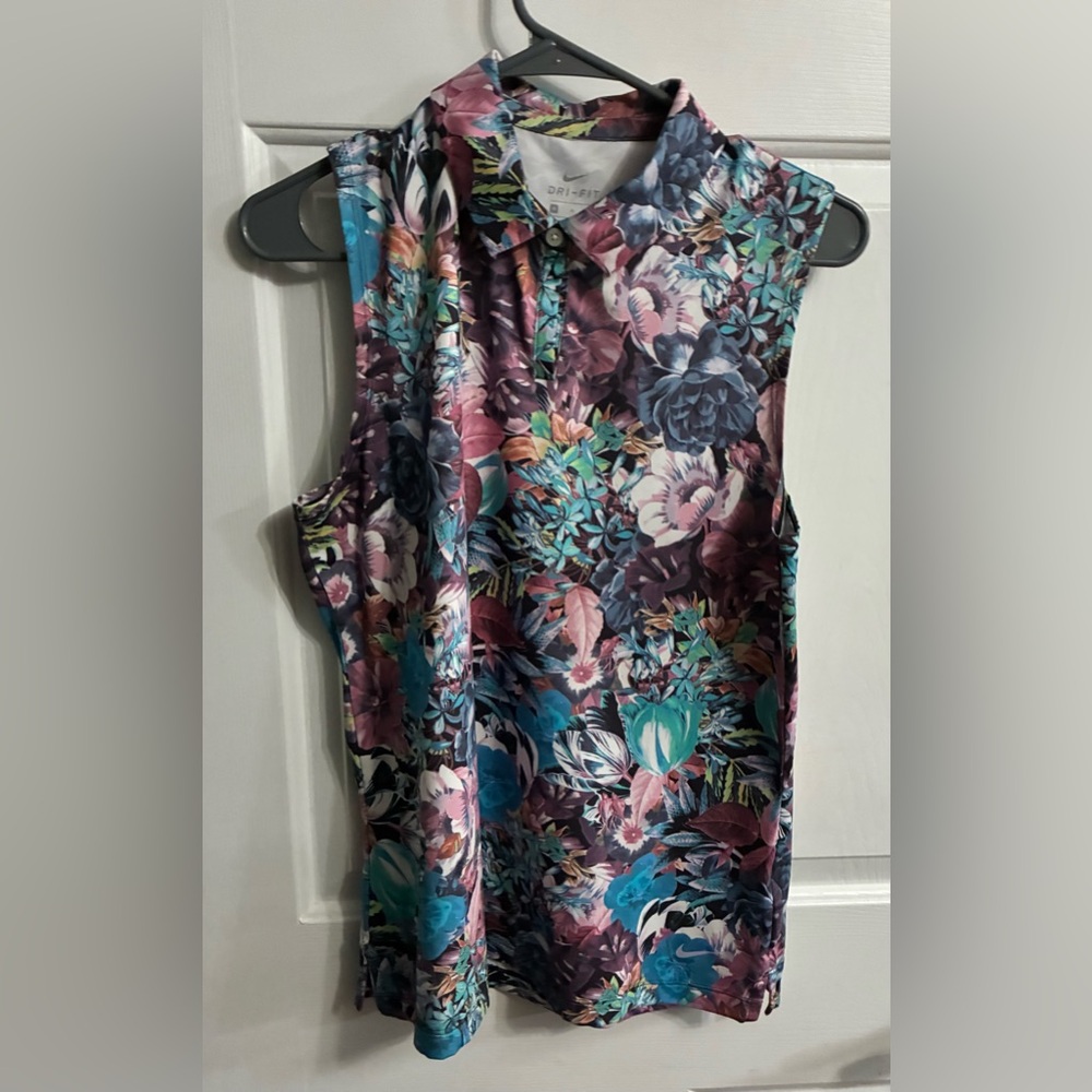Nike Women’s Floral Sleeveless Polo Tank - Teal, Pink, Purple, Navy - Picture 3 of 7